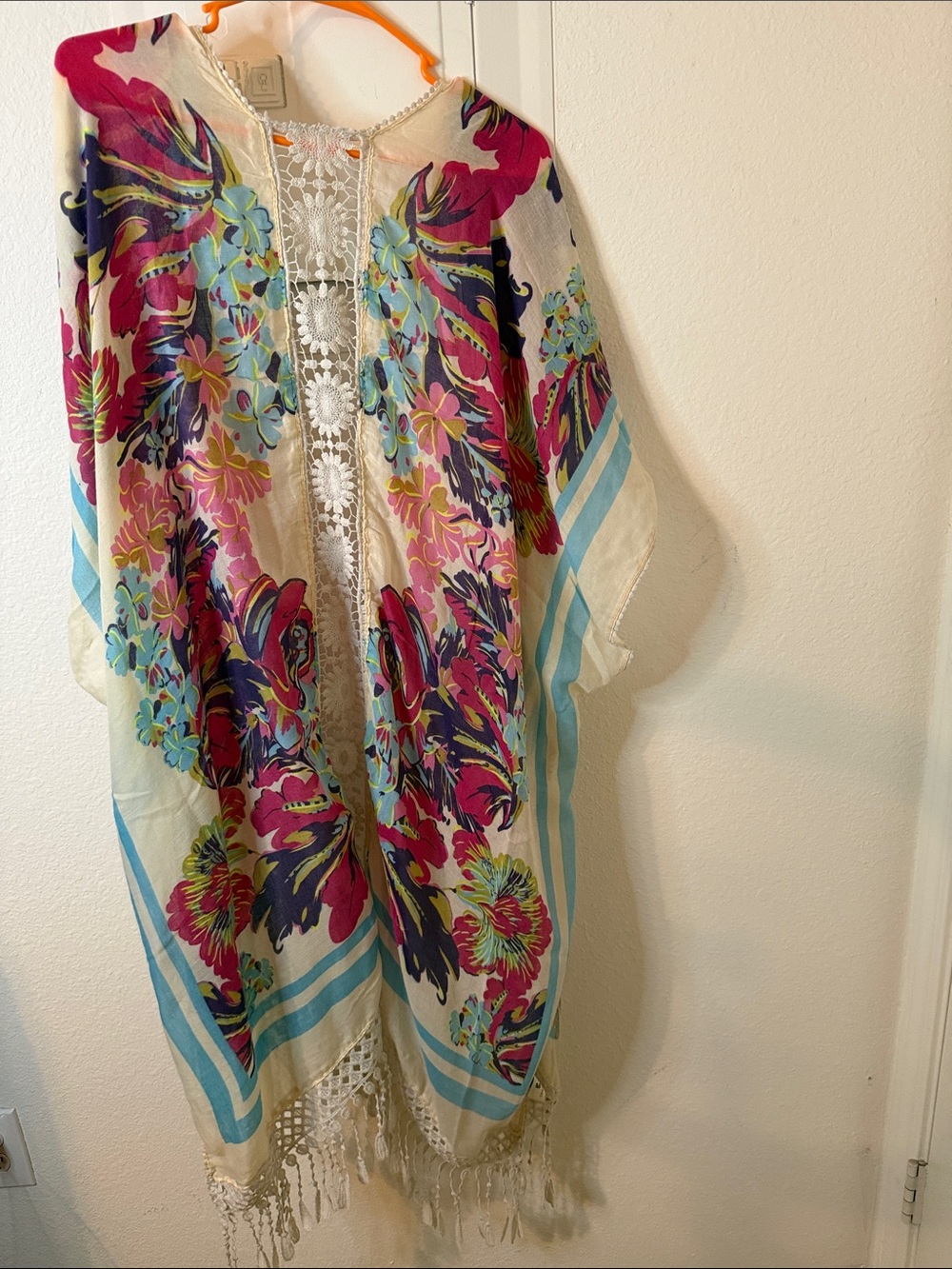 Boho Floral Crochet Trim Kimono - Cream, Fuchsia, Teal - Picture 4 of 4